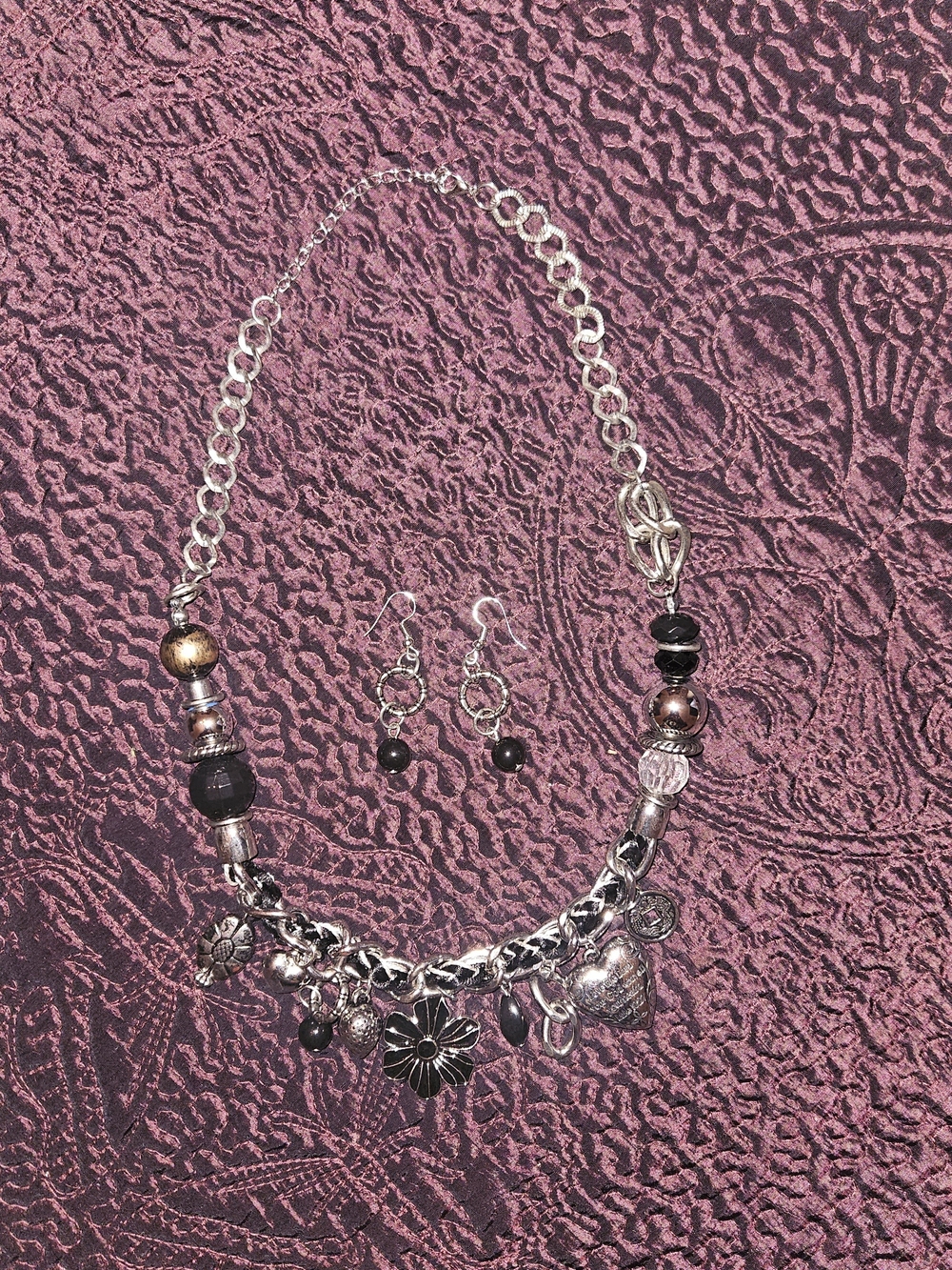 Silver-Tone and Black Charm Necklace and Earring Set